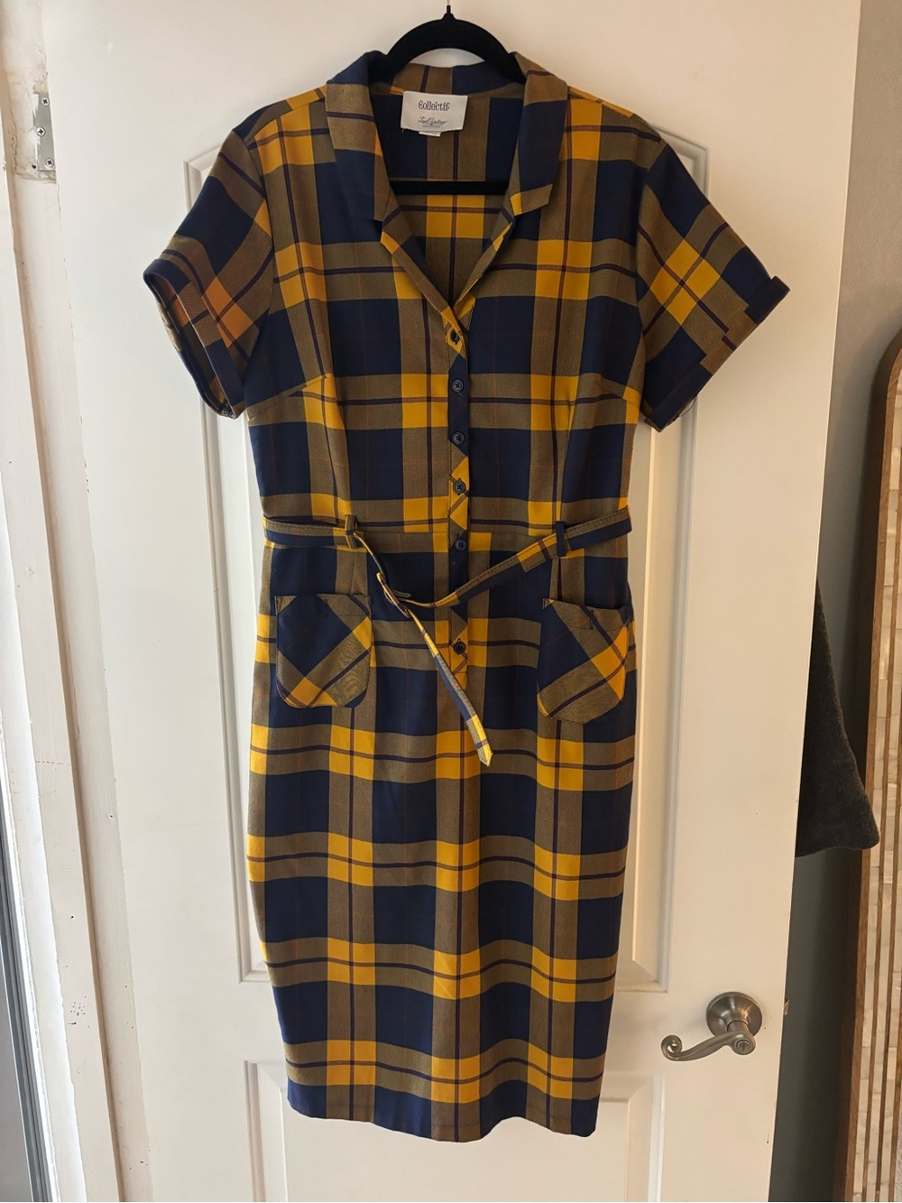 Collectif TopVintage Plaid Belted Pencil Shirt Dress XL